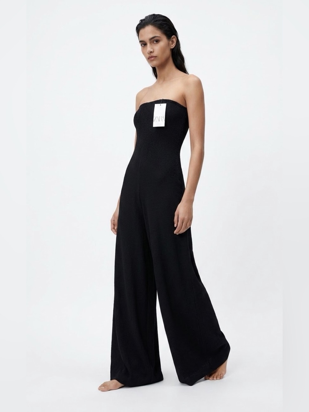 Zara Black Strapless Wide-Leg Jumpsuit